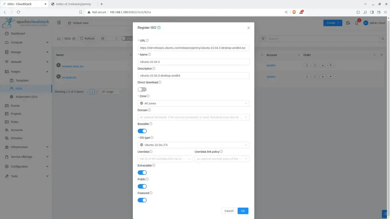 Apache CloudStack add ISO form using a remote URL